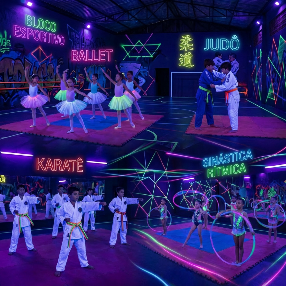 Children practicing ballet, judô, karatê, and pilates in a neon Bloco Esportivo sports facility.